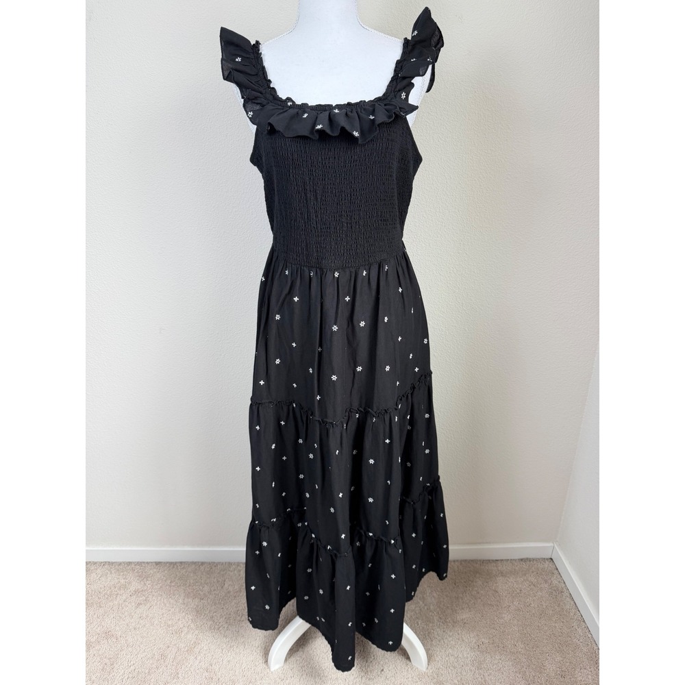 Old Navy Women Cotton Blend Midi Dress M Black Smocked Ruffle Embroidered Boho